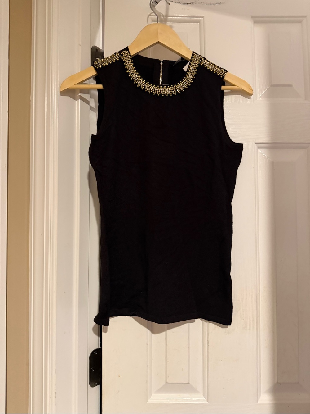 White House Black Market Black Sleeveless Top with Gold Beaded Collar